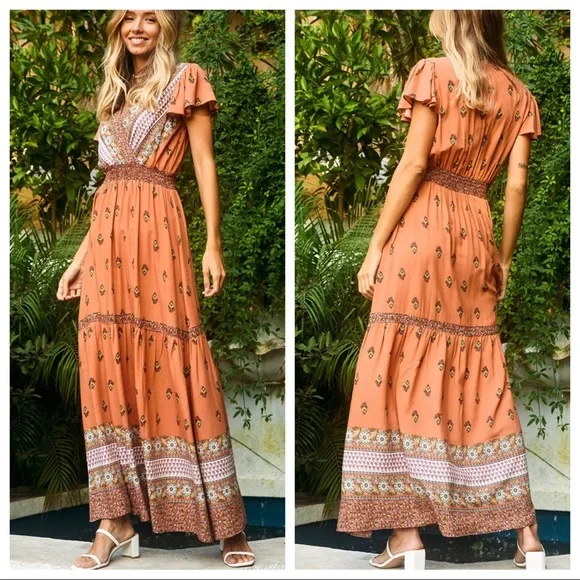 Fabulous Natalie Short Flowy Sleeves Print Maxi Boho Dress - Picture 2 of 3